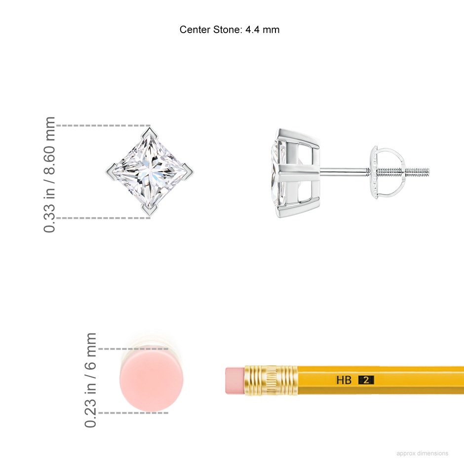 4.4mm FGVS V-Prong Set Princess-Cut Lab-Grown Diamond Stud Earrings in P950 Platinum ruler