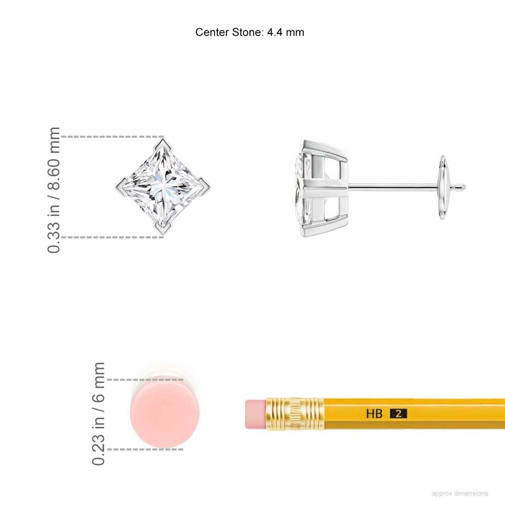 4.4mm FGVS Lab-Grown Princess-Cut Diamond Stud Earrings in White Gold ruler