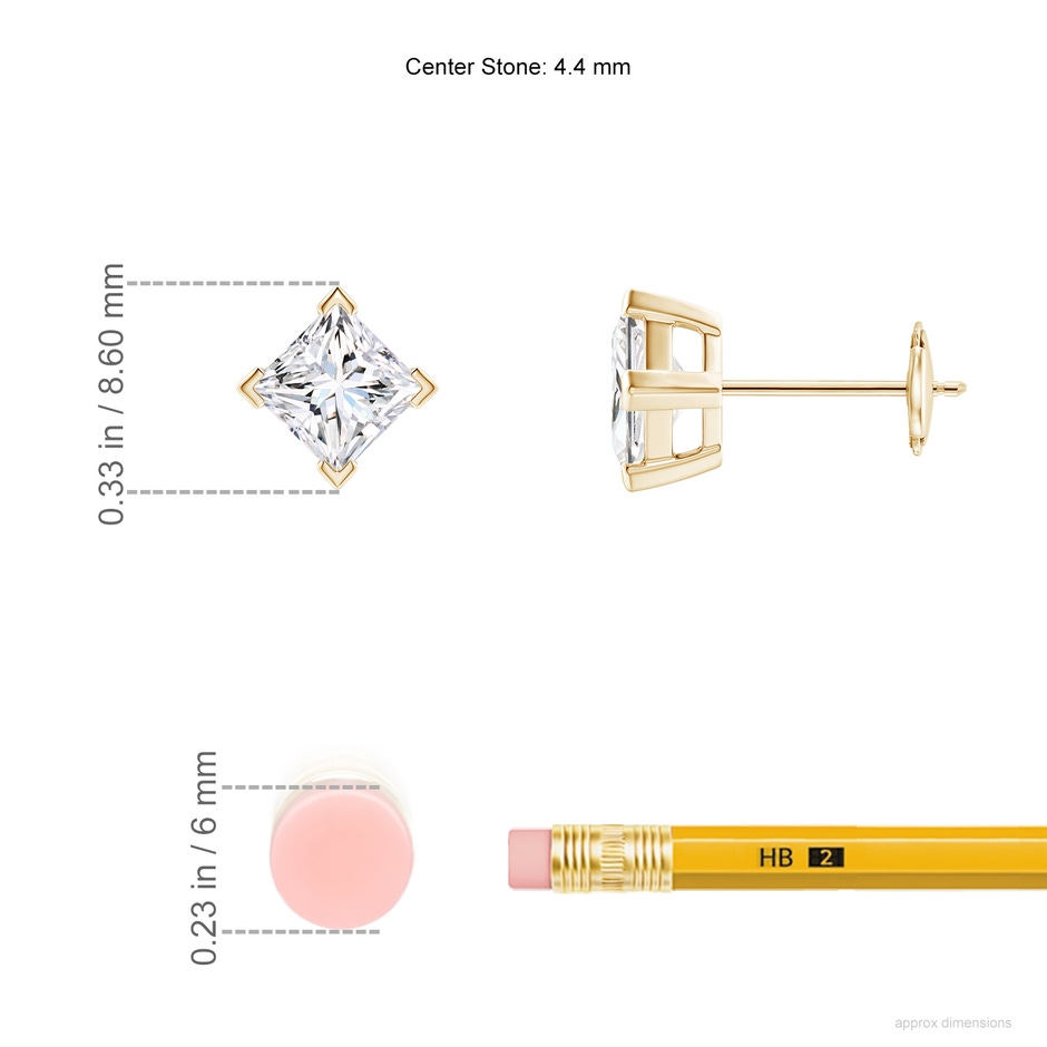 4.4mm FGVS V-Prong Set Princess-Cut Lab-Grown Diamond Stud Earrings in Yellow Gold ruler