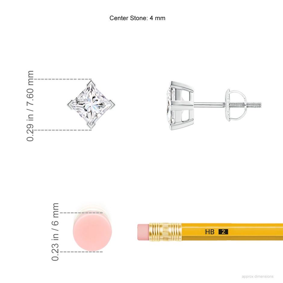 4mm FGVS V-Prong Set Princess-Cut Lab-Grown Diamond Stud Earrings in P950 Platinum ruler