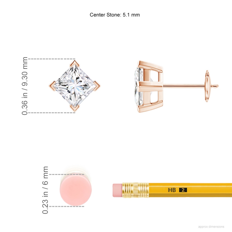 5.1mm FGVS V-Prong Set Princess-Cut Lab-Grown Diamond Stud Earrings in Rose Gold ruler
