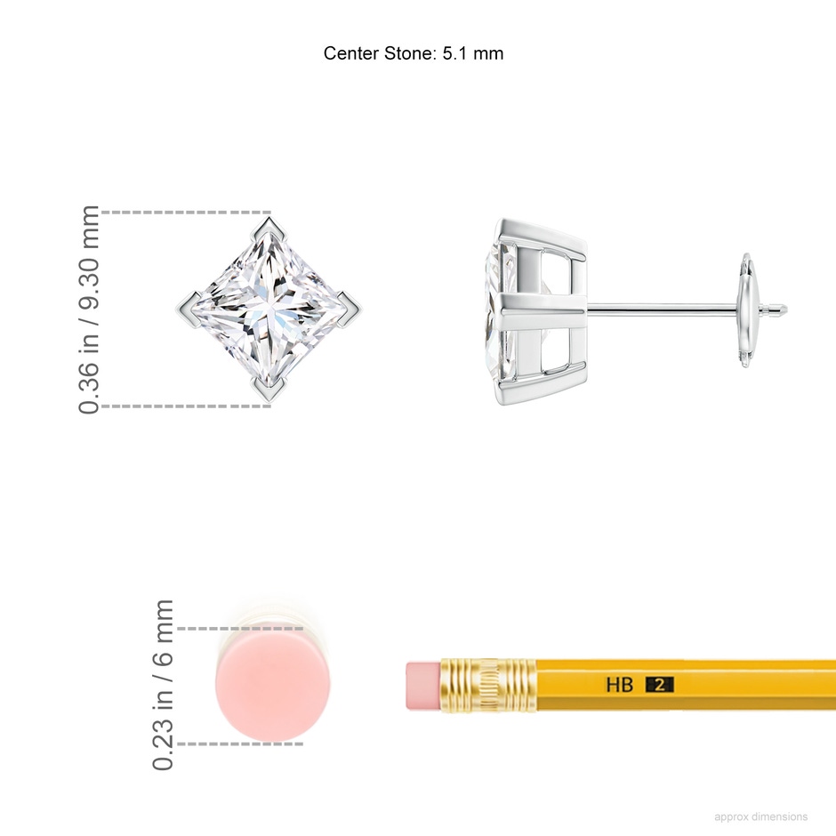 5.1mm FGVS V-Prong Set Princess-Cut Lab-Grown Diamond Stud Earrings in White Gold ruler