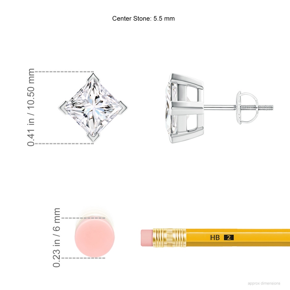 5.5mm FGVS V-Prong Set Princess-Cut Lab-Grown Diamond Stud Earrings in P950 Platinum ruler