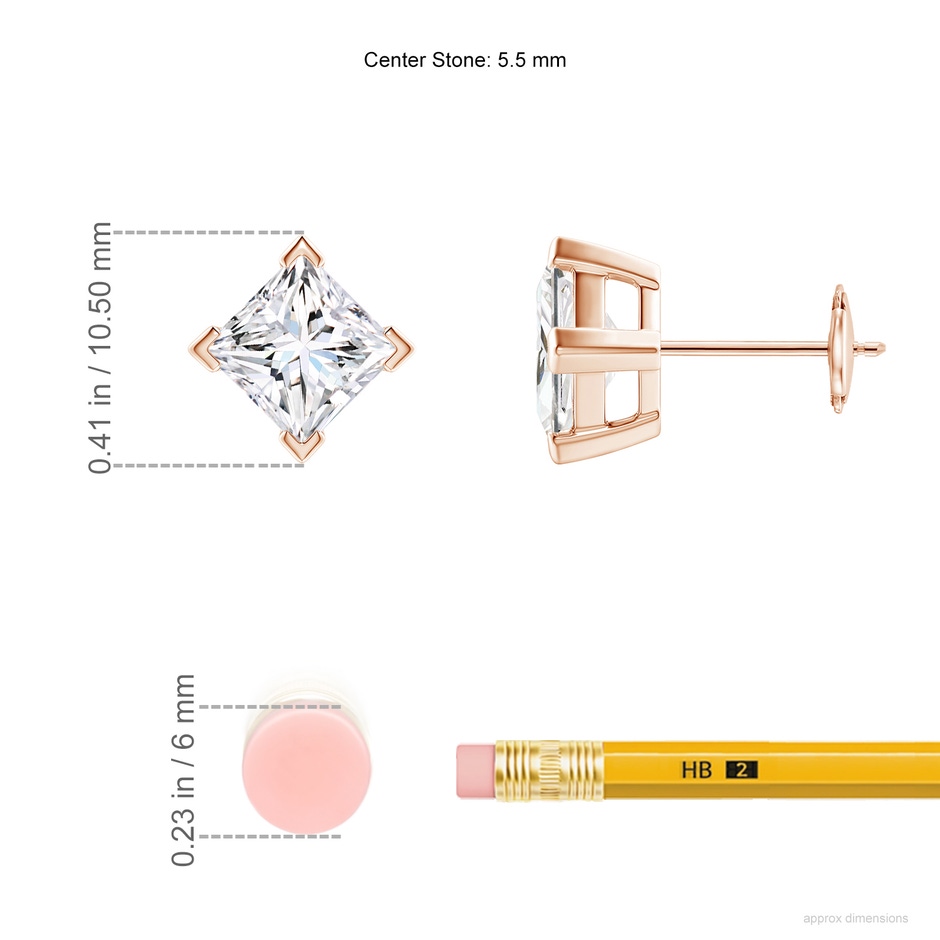 5.5mm FGVS V-Prong Set Princess-Cut Lab-Grown Diamond Stud Earrings in Rose Gold ruler