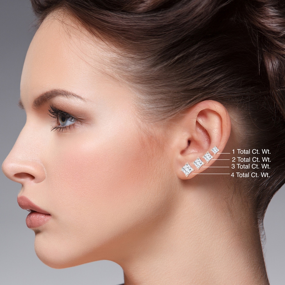 6.2mm FGVS V-Prong Set Princess-Cut Lab-Grown Diamond Stud Earrings in P950 Platinum ear