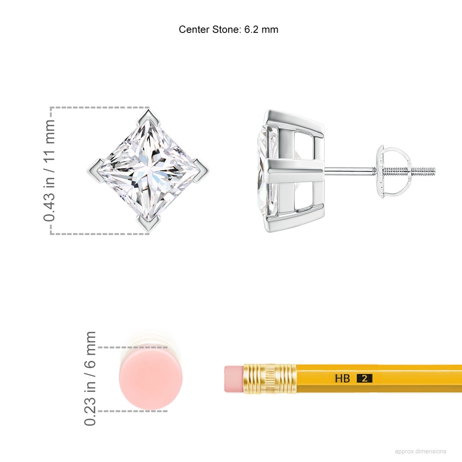6.2mm FGVS V-Prong Set Princess-Cut Lab-Grown Diamond Stud Earrings in P950 Platinum ruler