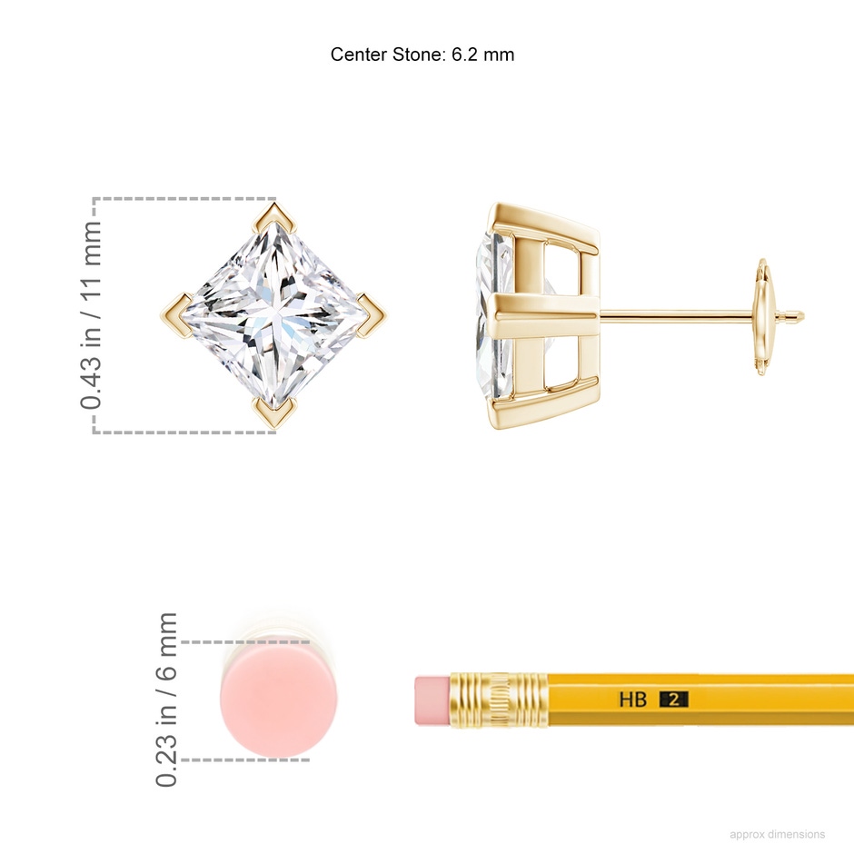 6.2mm FGVS V-Prong Set Princess-Cut Lab-Grown Diamond Stud Earrings in Yellow Gold ruler