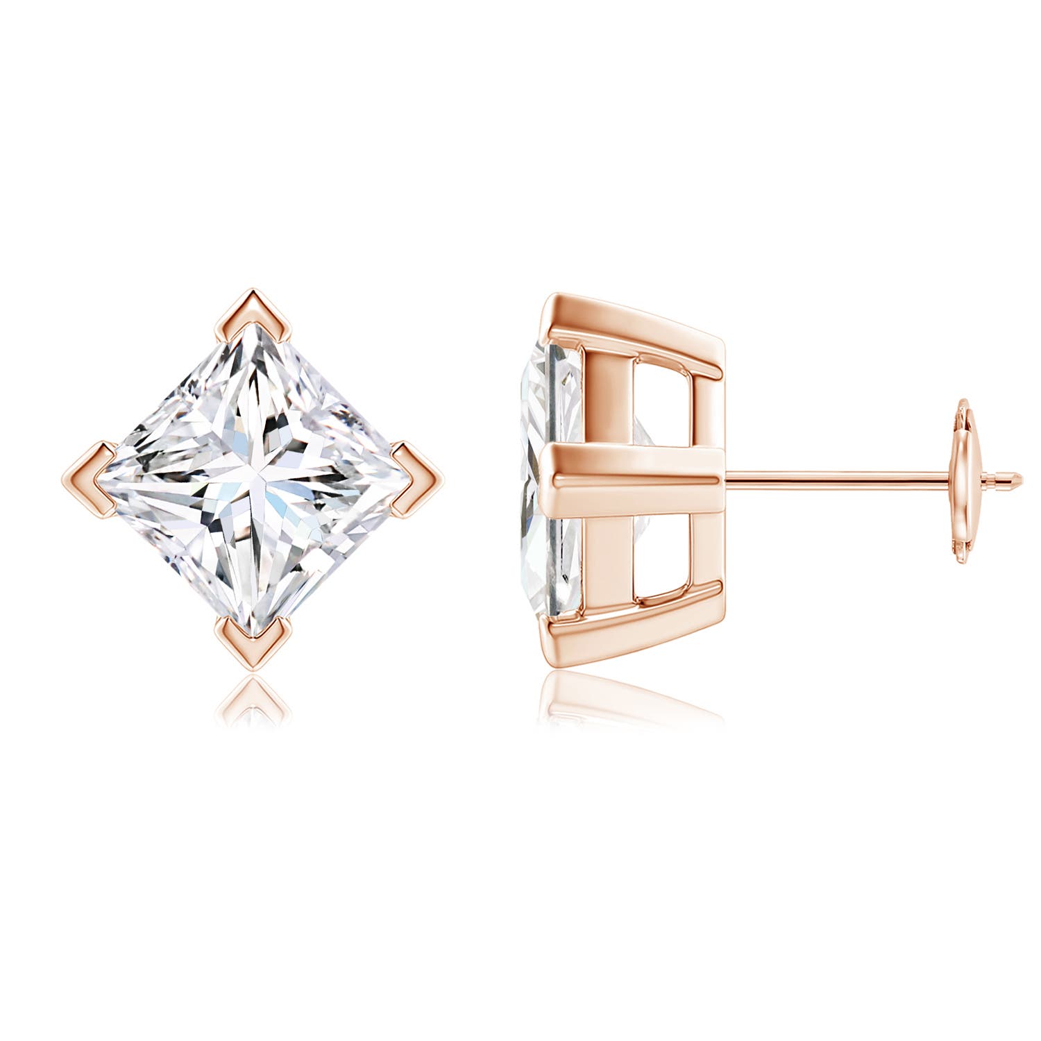 7.4mm FGVS V-Prong Set Princess-Cut Lab-Grown Diamond Stud Earrings in 18K Rose Gold