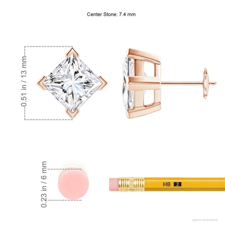 7.4mm FGVS V-Prong Set Princess-Cut Lab-Grown Diamond Stud Earrings in Rose Gold ruler