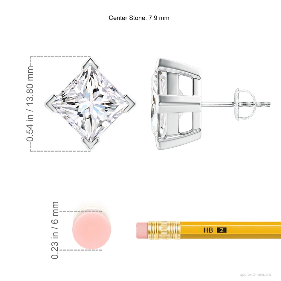 7.9mm FGVS V-Prong Set Princess-Cut Lab-Grown Diamond Stud Earrings in P950 Platinum ruler