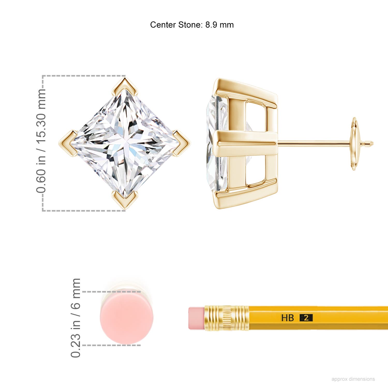 8.9mm FGVS V-Prong Set Princess-Cut Lab-Grown Diamond Stud Earrings in Yellow Gold - ruler