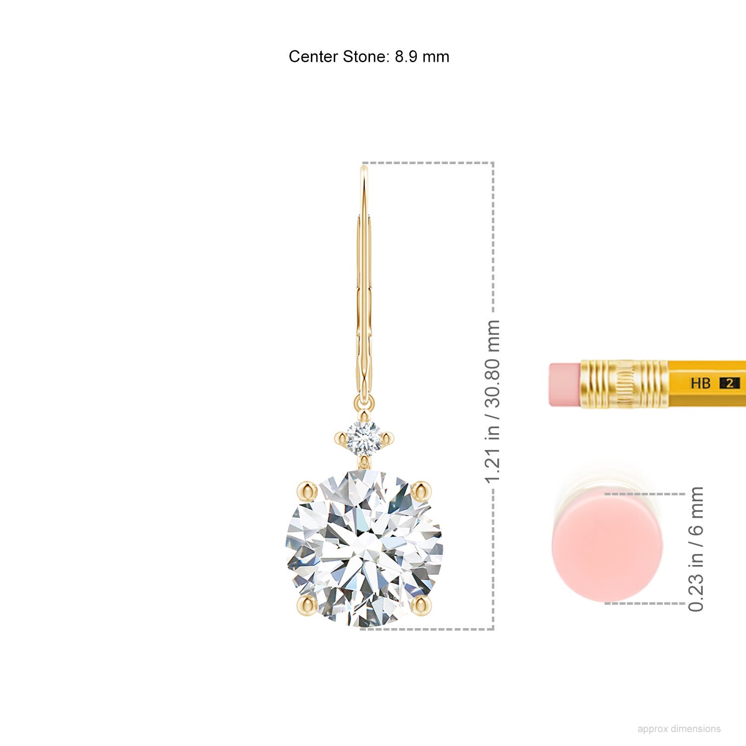 8.9mm FGVS Lab-Grown Solitaire Diamond Dangle Earrings in Yellow Gold - ruler