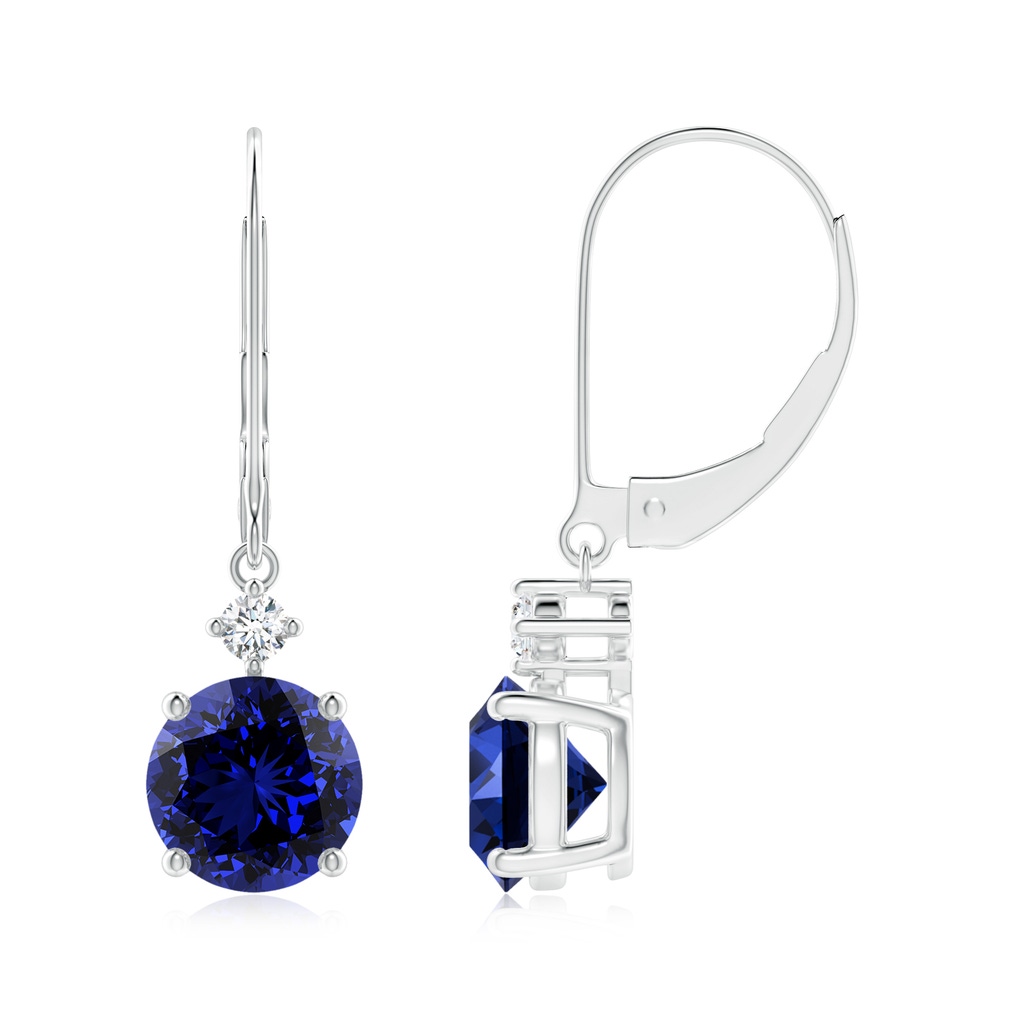 7mm Labgrown Lab-Grown Solitaire Blue Sapphire Dangle Earrings with Diamond in White Gold