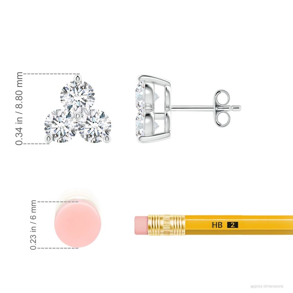 3.6mm FGVS Round Lab-Grown Diamond Three Stone Stud Earrings in P950 Platinum ruler