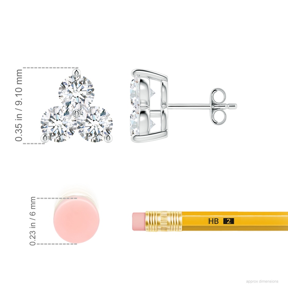 4.4mm FGVS Round Lab-Grown Diamond Three Stone Stud Earrings in P950 Platinum ruler