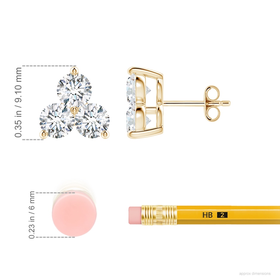 4.4mm FGVS Round Lab-Grown Diamond Three Stone Stud Earrings in Yellow Gold ruler