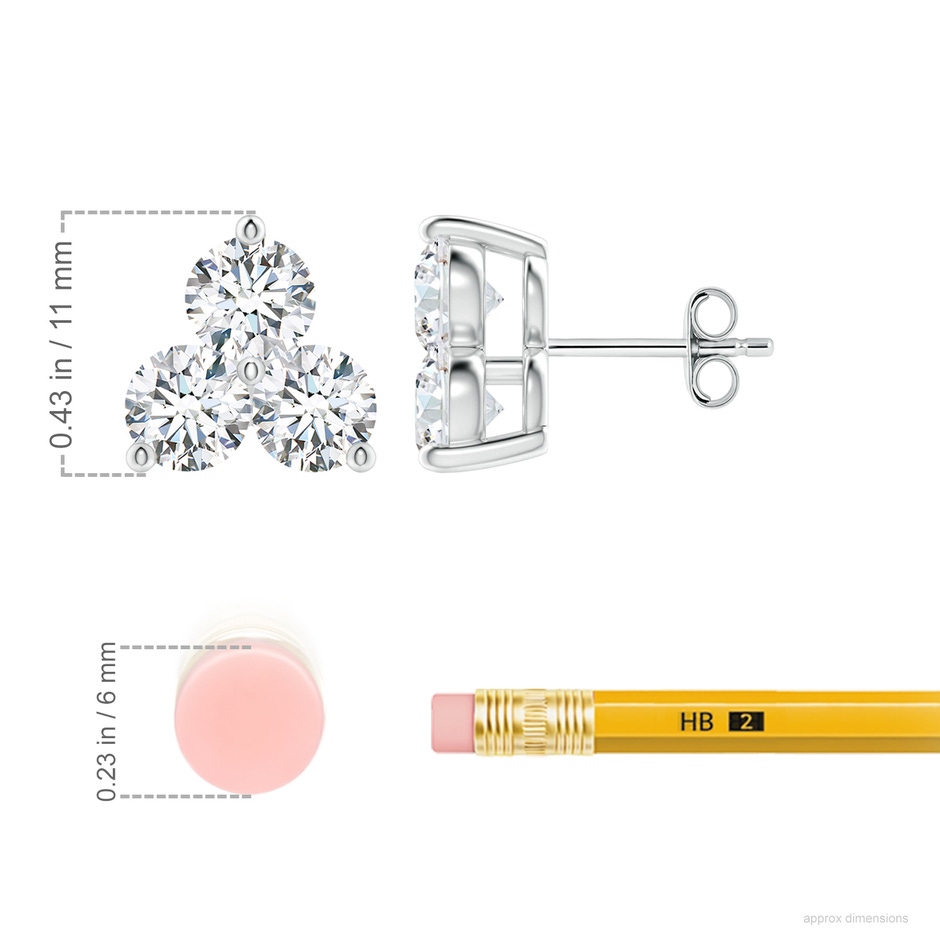 5.2mm FGVS Round Lab-Grown Diamond Three Stone Stud Earrings in 18K White Gold ruler