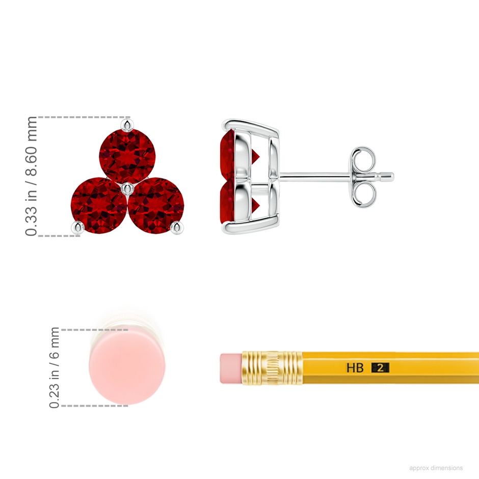 4mm Labgrown Round Lab-Grown Ruby Three Stone Stud Earrings in White Gold ruler