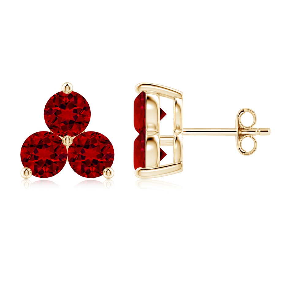 5mm Labgrown Round Lab-Grown Ruby Three Stone Stud Earrings in 18K Yellow Gold 