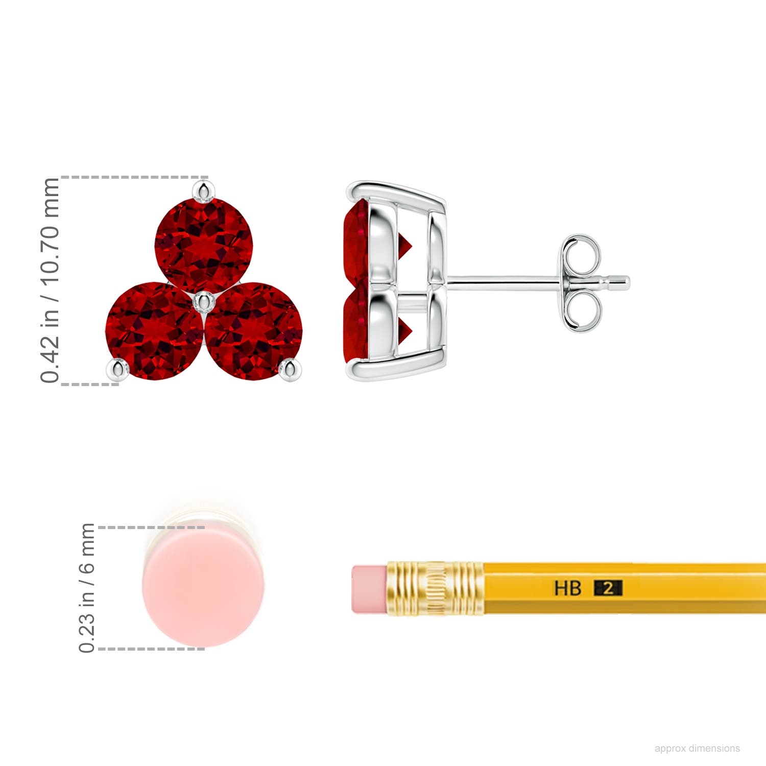 5mm Labgrown Round Lab-Grown Ruby Three Stone Stud Earrings in P950 Platinum - ruler