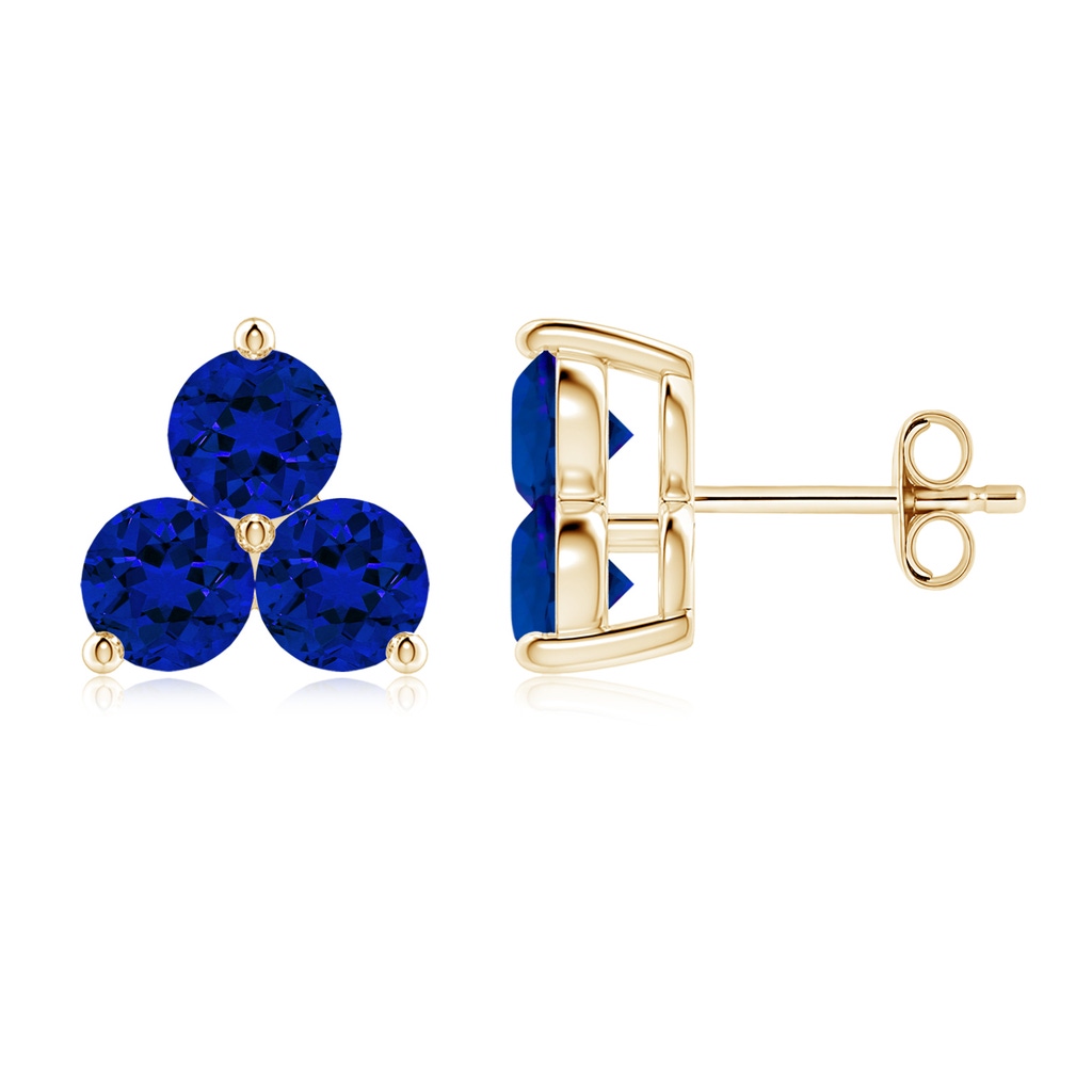 4.5mm Labgrown Round Lab-Grown Blue Sapphire Three Stone Stud Earrings in Yellow Gold