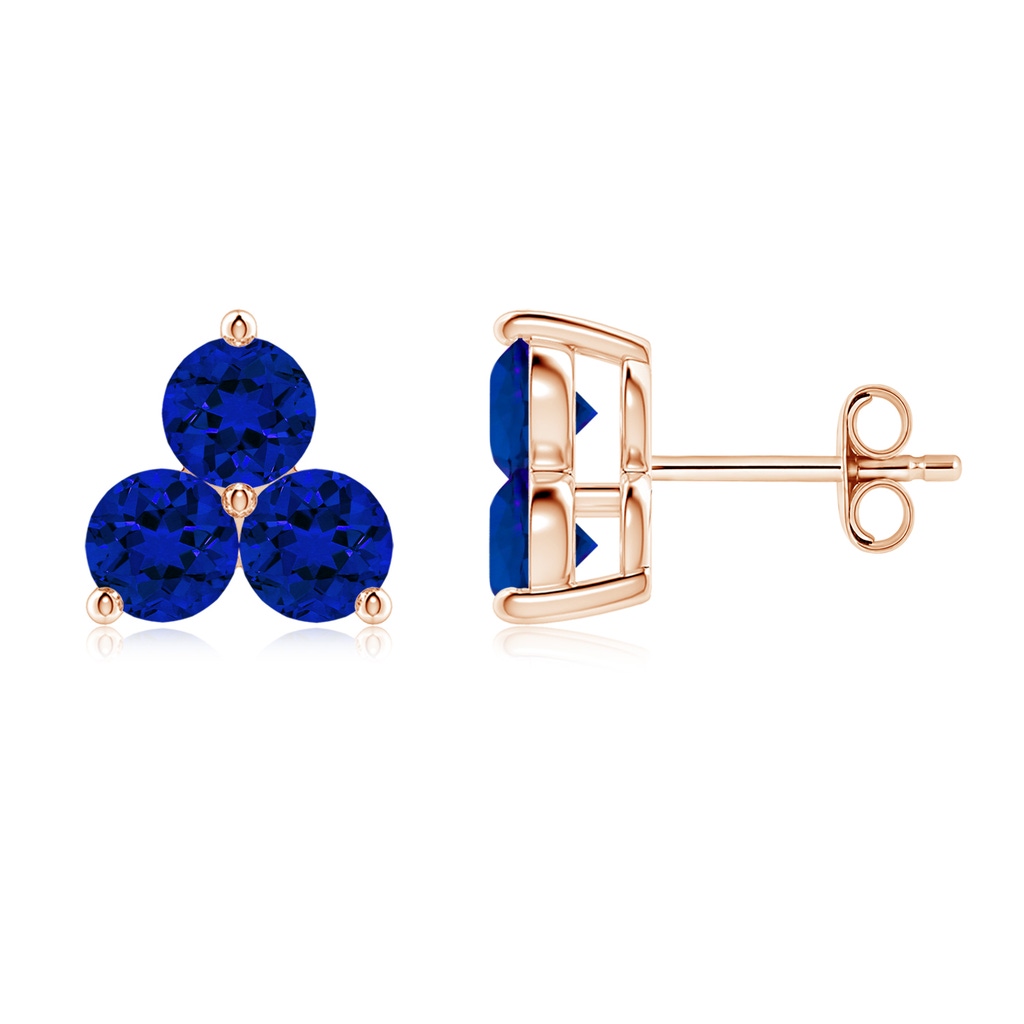 4mm Labgrown Round Lab-Grown Blue Sapphire Three Stone Stud Earrings in Rose Gold