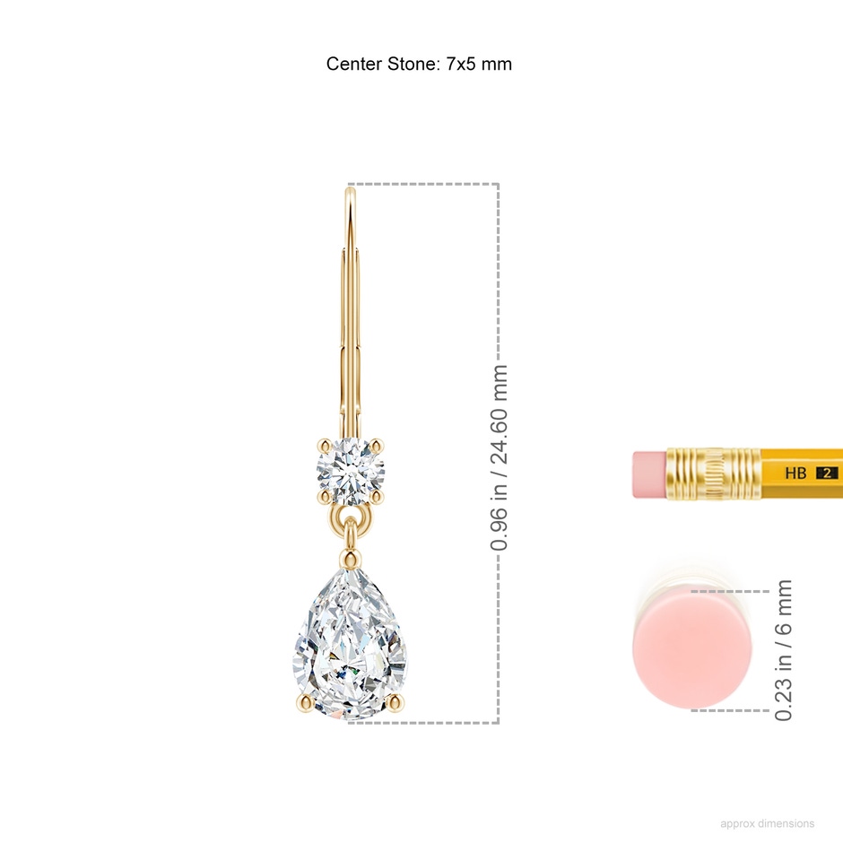 7x5mm FGVS Lab-Grown Pear Diamond Leverback Drop Earrings with Diamond Accent in Yellow Gold ruler
