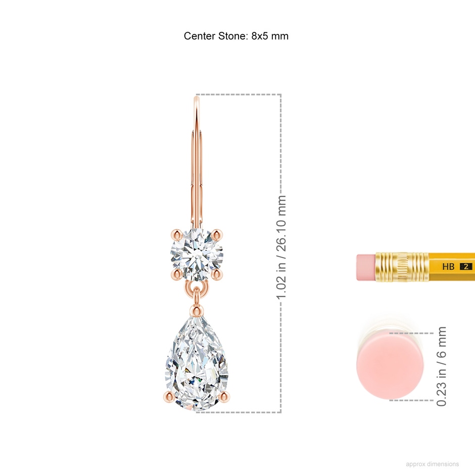 8x5mm FGVS Lab-Grown Pear Diamond Leverback Drop Earrings with Diamond Accent in Rose Gold ruler
