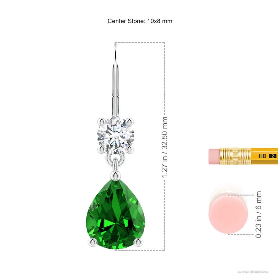 10x8mm Labgrown Lab-Grown Pear Emerald Leverback Drop Earrings with Diamond in P950 Platinum ruler