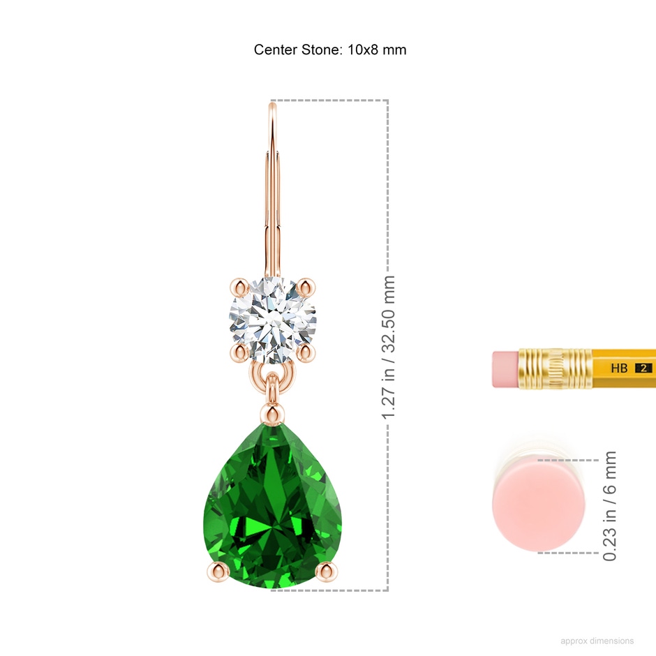 10x8mm Labgrown Lab-Grown Pear Emerald Leverback Drop Earrings with Diamond in Rose Gold ruler