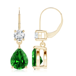 10x8mm Labgrown Lab-Grown Pear Emerald Leverback Drop Earrings with Diamond in Yellow Gold