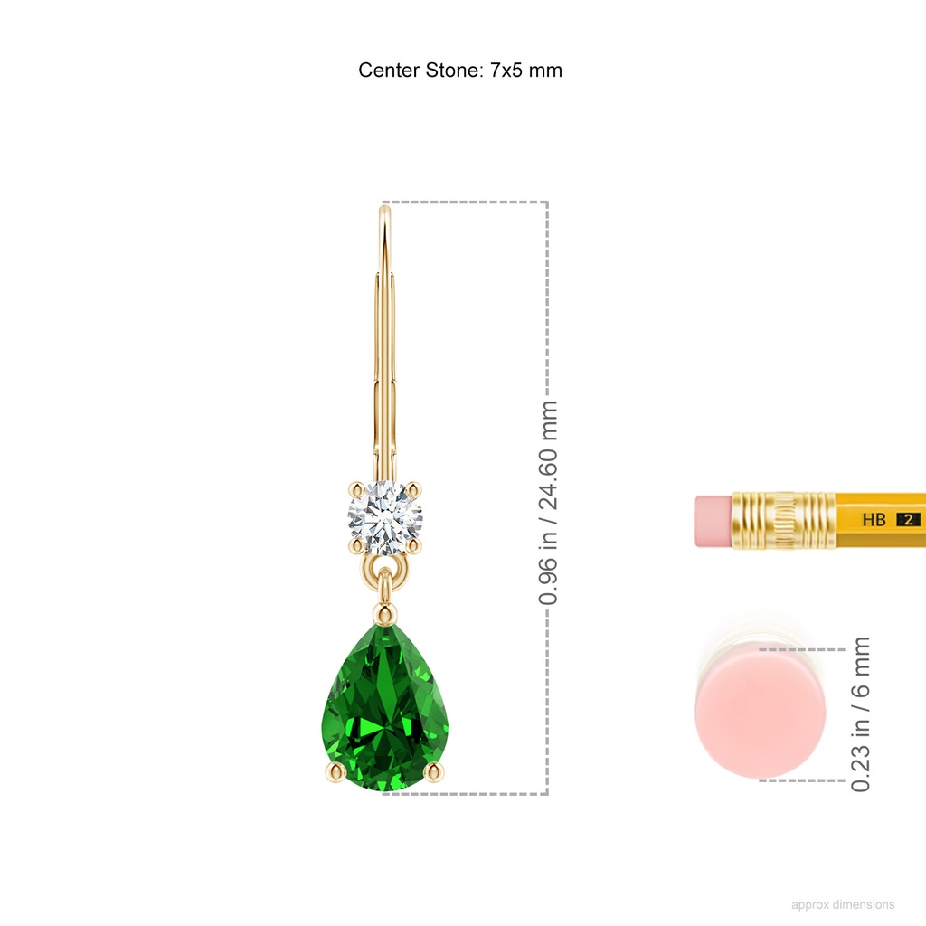 7x5mm Labgrown Lab-Grown Pear Emerald Leverback Drop Earrings with Diamond in Yellow Gold ruler