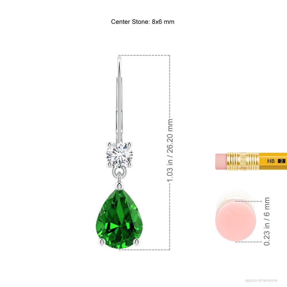 8x6mm Labgrown Lab-Grown Pear Emerald Leverback Drop Earrings with Diamond in White Gold ruler