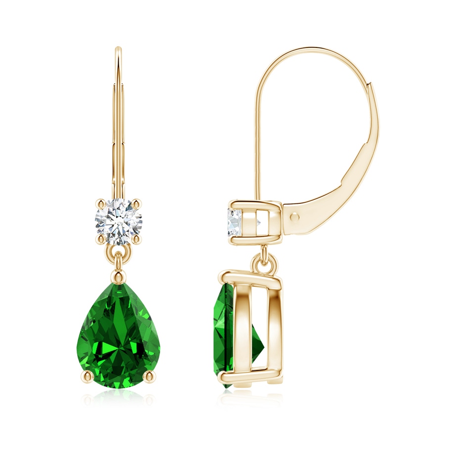 8x6mm Labgrown Lab-Grown Pear Emerald Leverback Drop Earrings with Diamond in Yellow Gold 