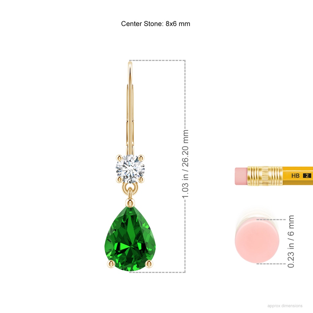 8x6mm Labgrown Lab-Grown Pear Emerald Leverback Drop Earrings with Diamond in Yellow Gold ruler