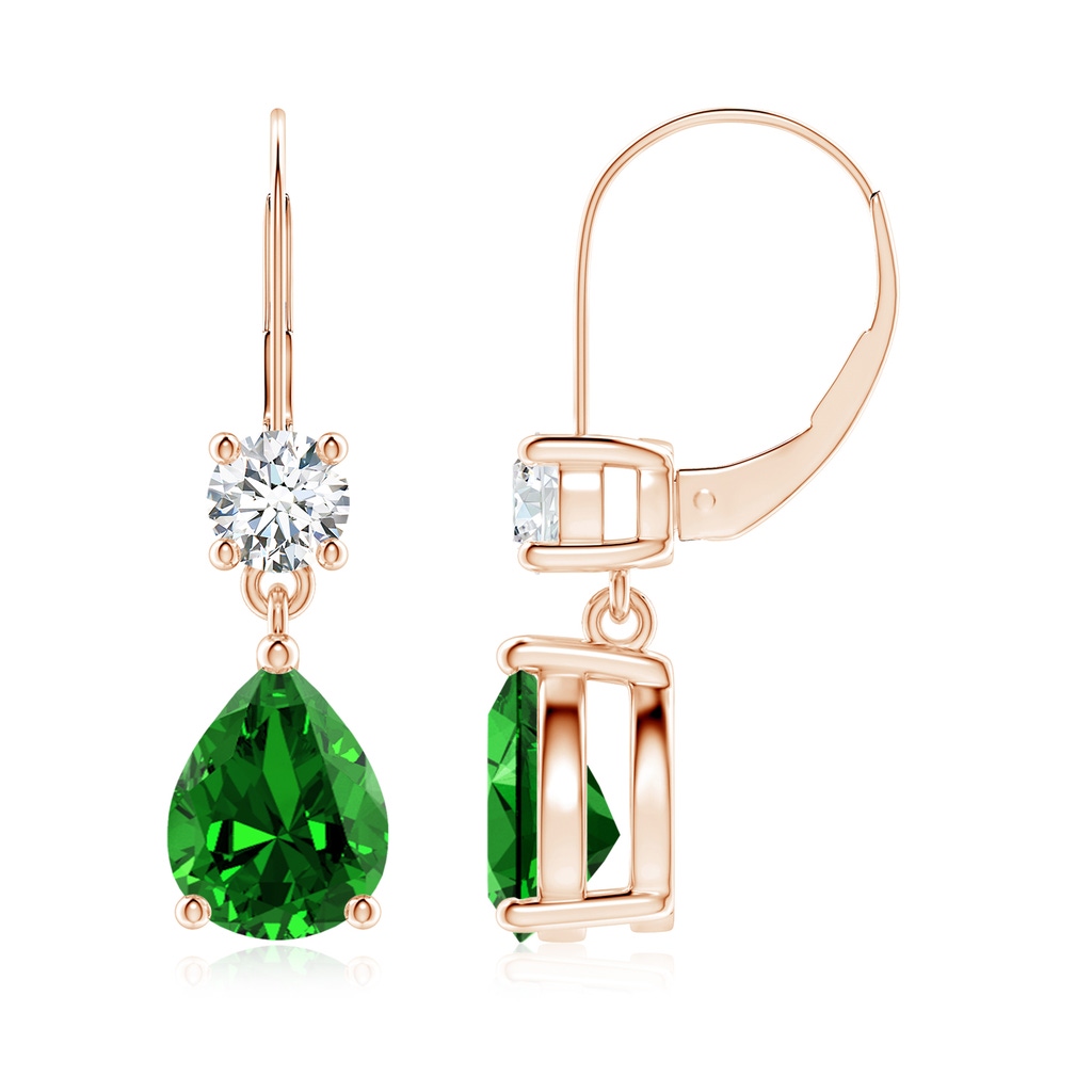 9x7mm Labgrown Lab-Grown Pear Emerald Leverback Drop Earrings with Diamond in 10K Rose Gold