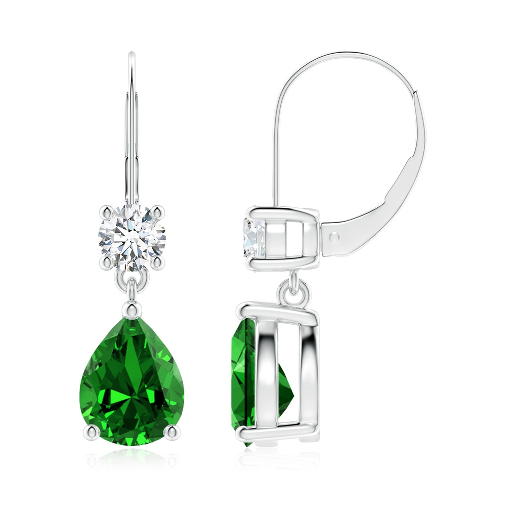 9x7mm Labgrown Lab-Grown Pear Emerald Leverback Drop Earrings with Diamond in 10K White Gold