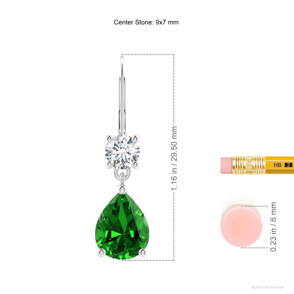 9x7mm Labgrown Lab-Grown Pear Emerald Leverback Drop Earrings with Diamond in P950 Platinum ruler
