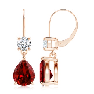 10x8mm Labgrown Lab-Grown Pear Ruby Leverback Drop Earrings with Lab Diamond in 18K Rose Gold