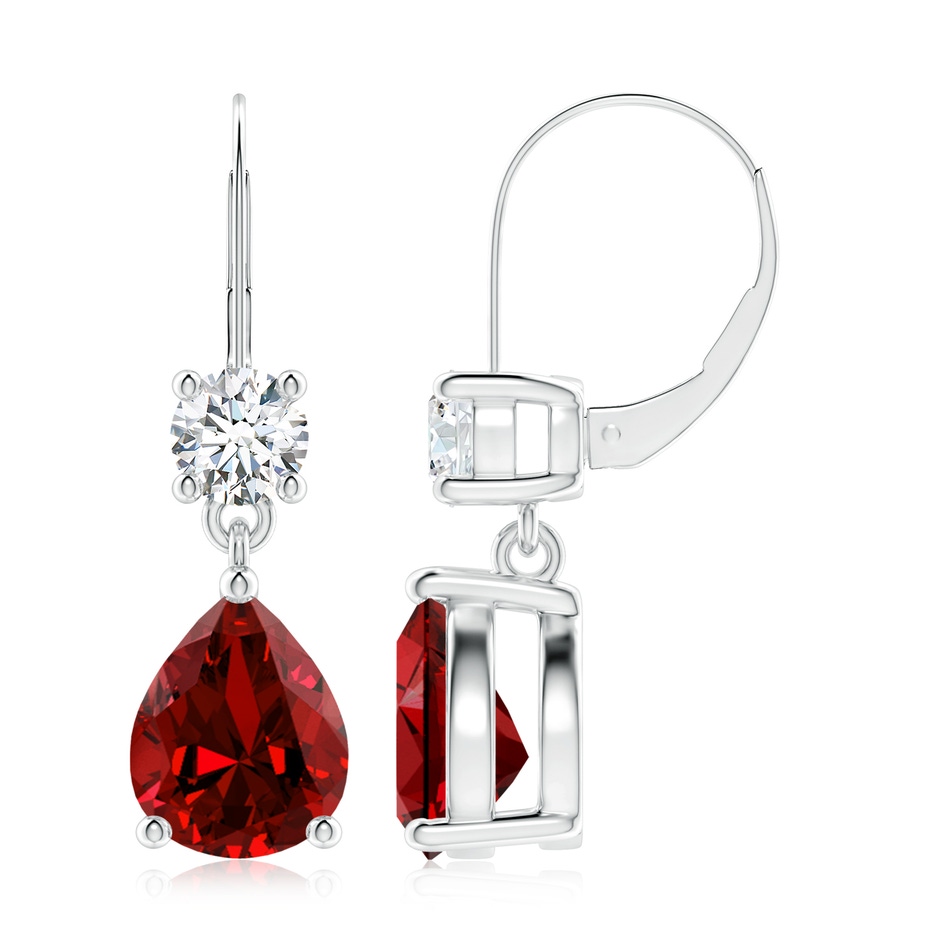 10x8mm Labgrown Lab-Grown Pear Ruby Leverback Drop Earrings with Lab Diamond in P950 Platinum 