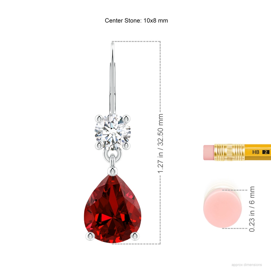 10x8mm Labgrown Lab-Grown Pear Ruby Leverback Drop Earrings with Lab Diamond in P950 Platinum ruler