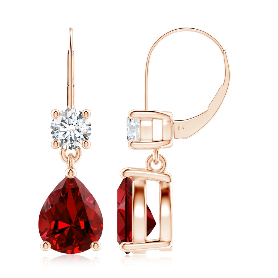 10x8mm Labgrown Lab-Grown Pear Ruby Leverback Drop Earrings with Lab Diamond in Rose Gold 
