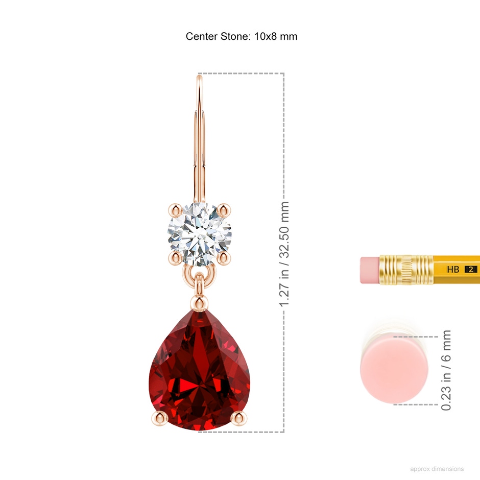 10x8mm Labgrown Lab-Grown Pear Ruby Leverback Drop Earrings with Lab Diamond in Rose Gold ruler
