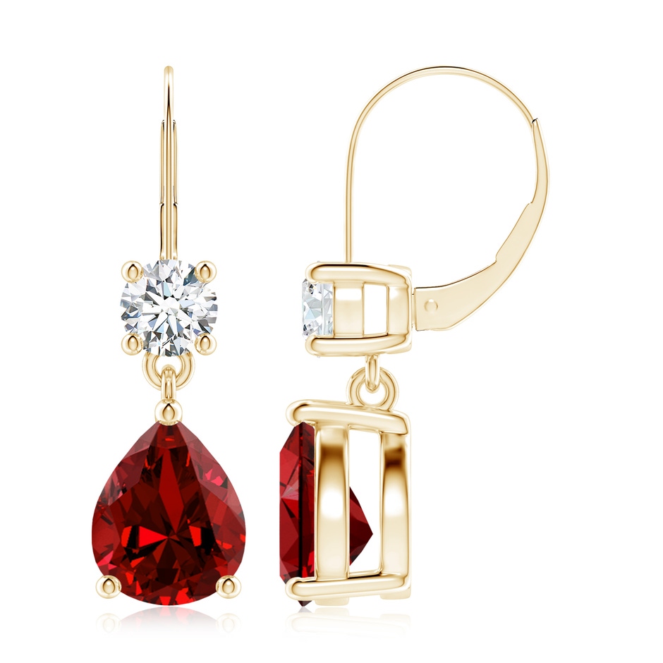 10x8mm Labgrown Lab-Grown Pear Ruby Leverback Drop Earrings with Lab Diamond in Yellow Gold 