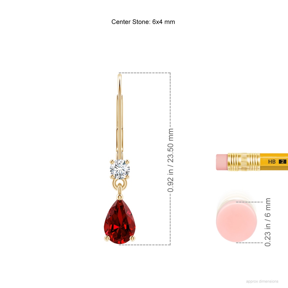 6x4mm Labgrown Lab-Grown Pear Ruby Leverback Drop Earrings with Lab Diamond in Yellow Gold ruler