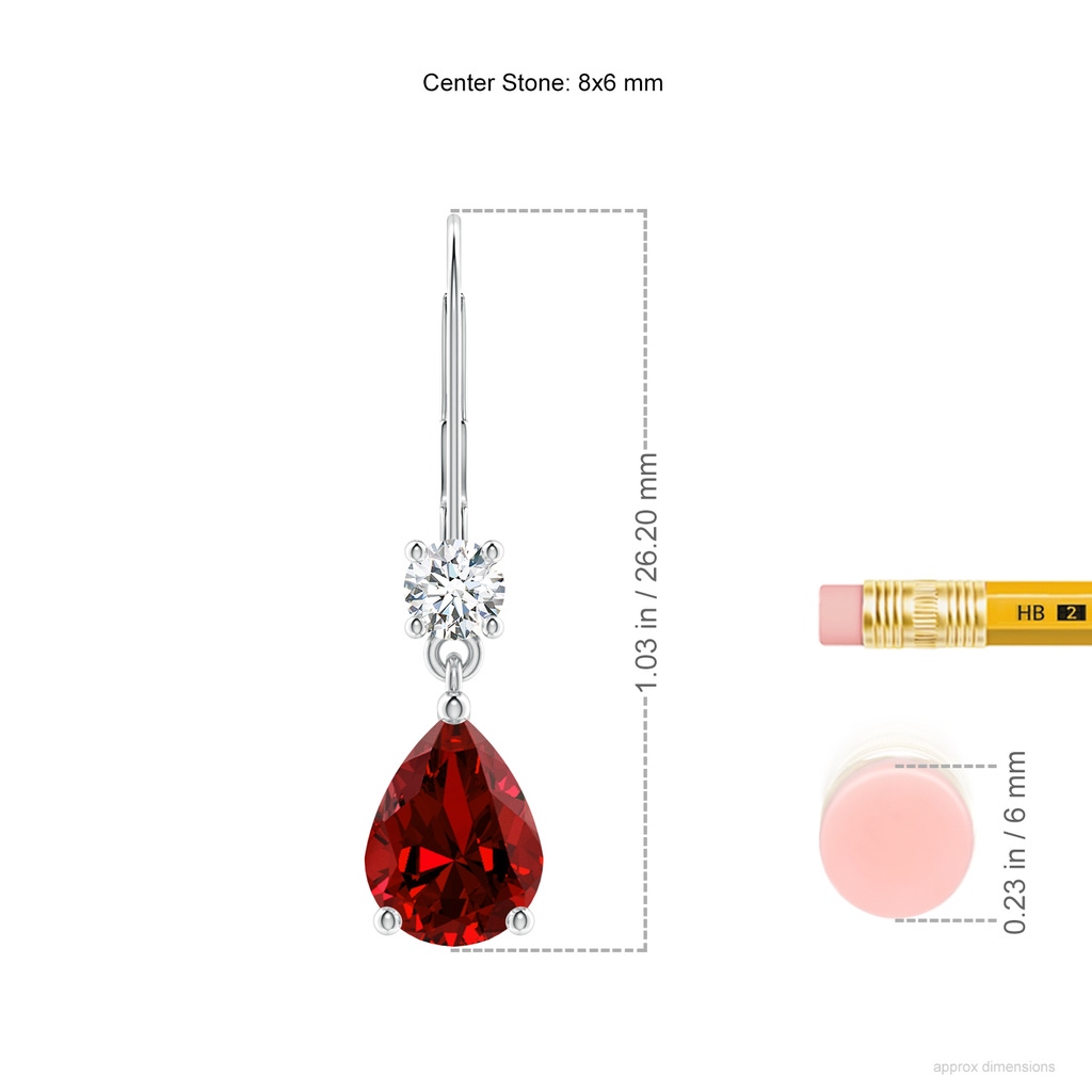 8x6mm Labgrown Lab-Grown Pear Ruby Leverback Drop Earrings with Diamond in White Gold ruler