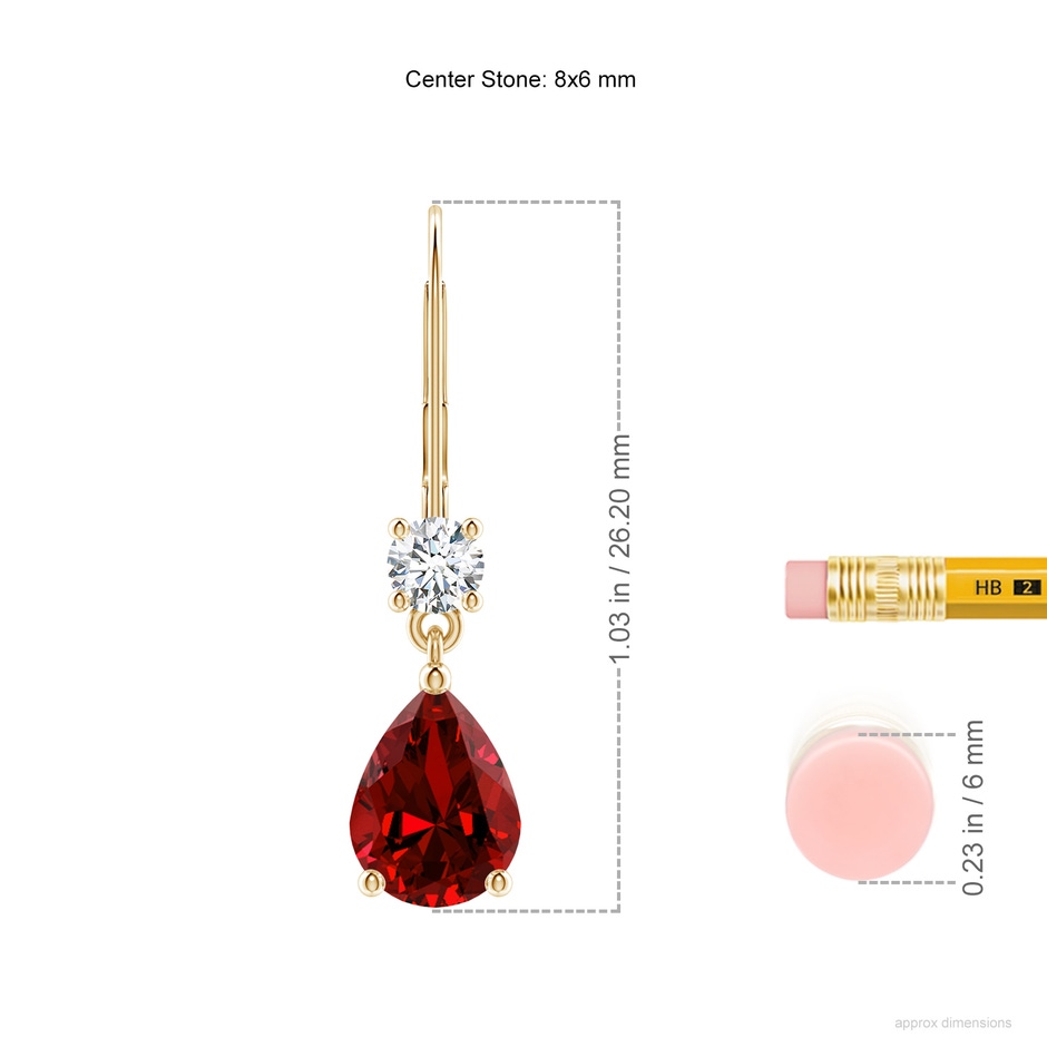 8x6mm Labgrown Lab-Grown Pear Ruby Leverback Drop Earrings with Lab Diamond in Yellow Gold ruler