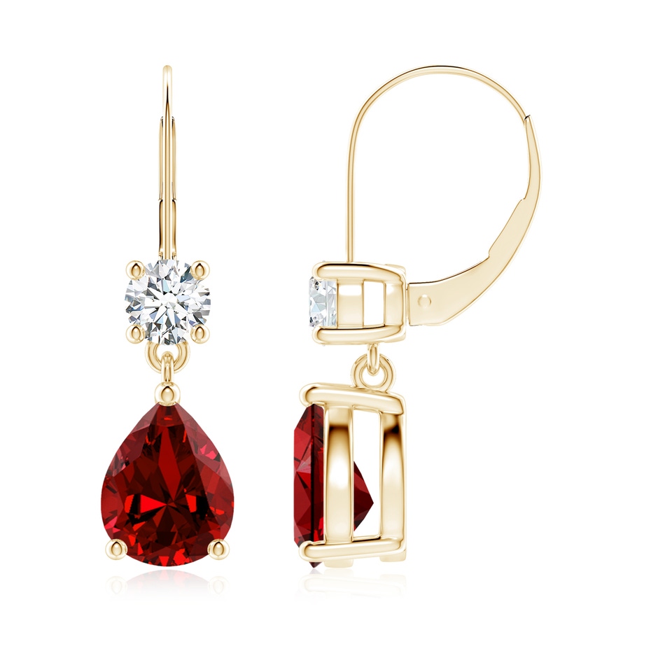 9x7mm Labgrown Lab-Grown Pear Ruby Leverback Drop Earrings with Lab Diamond in 18K Yellow Gold 