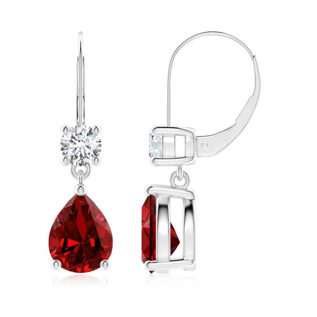 9x7mm Labgrown Lab-Grown Pear Ruby Leverback Drop Earrings with Diamond in 9K White Gold