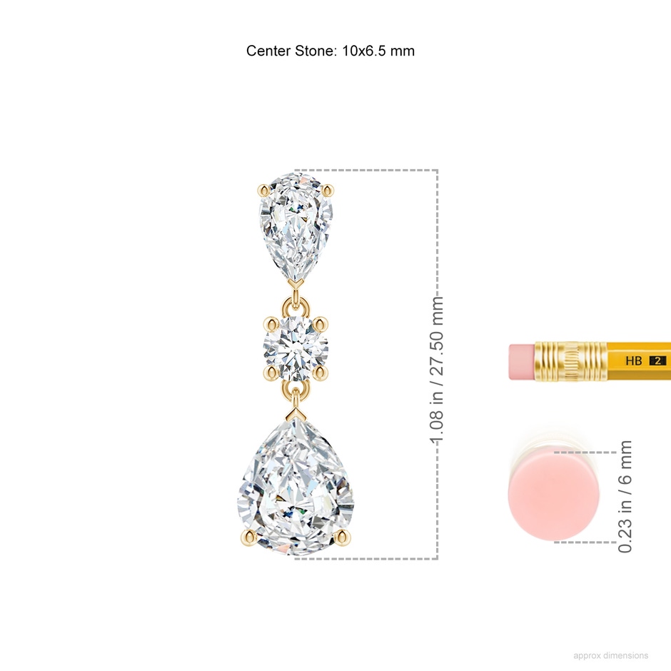 10x6.5mm FGVS Pear Lab-Grown Diamond Drop Earrings in 18K Yellow Gold ruler